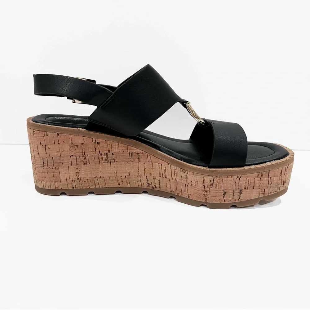 Giani Bernini Harperr Cork Platform Wedge Sandals Ankle Strap Black 6.5 NEW